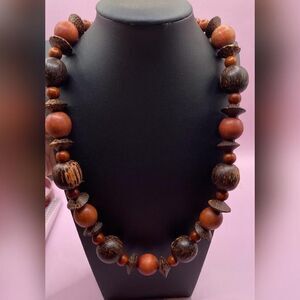 Chunky Natural Wood Bead Necklace Brown Boho Tribal Statement Lobster Clasp 30”
